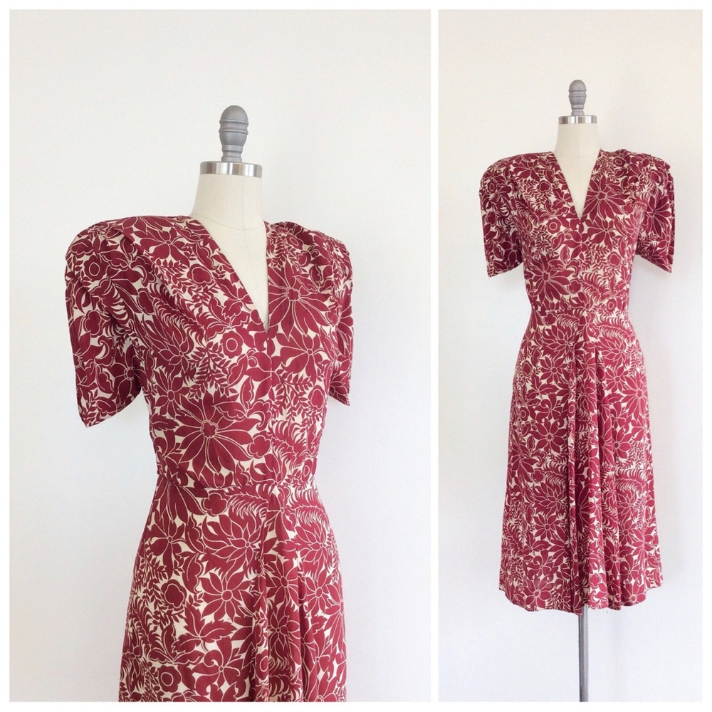 1940s true vintage red floral rayon dress